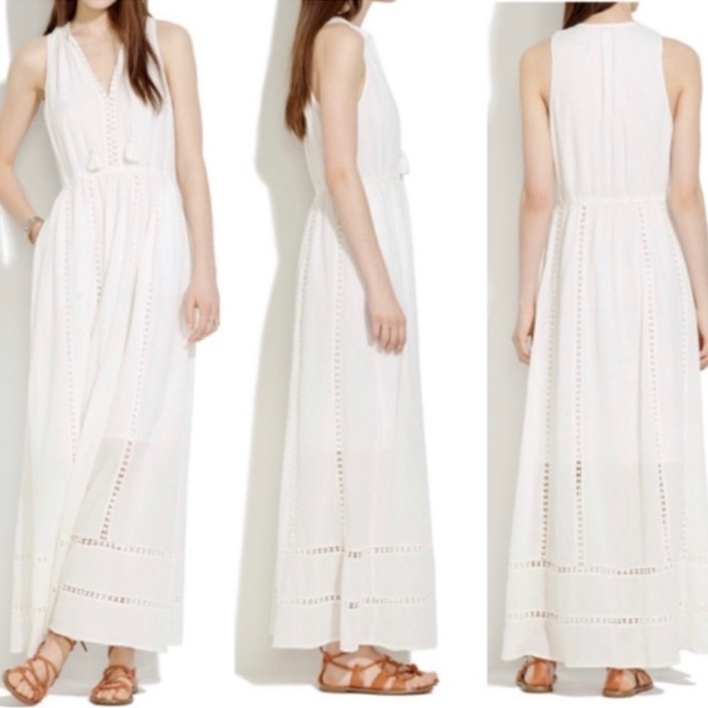 Madewell White Cotton‎ Crochet V Neck Tassel Maxi Dress Sz 0 Boho Cottagecore